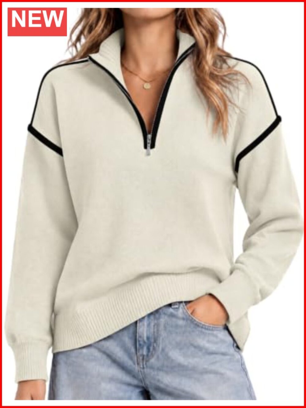 Women's Quarter Zip Striped Pullover Sweater Long Sleeve Knit Top